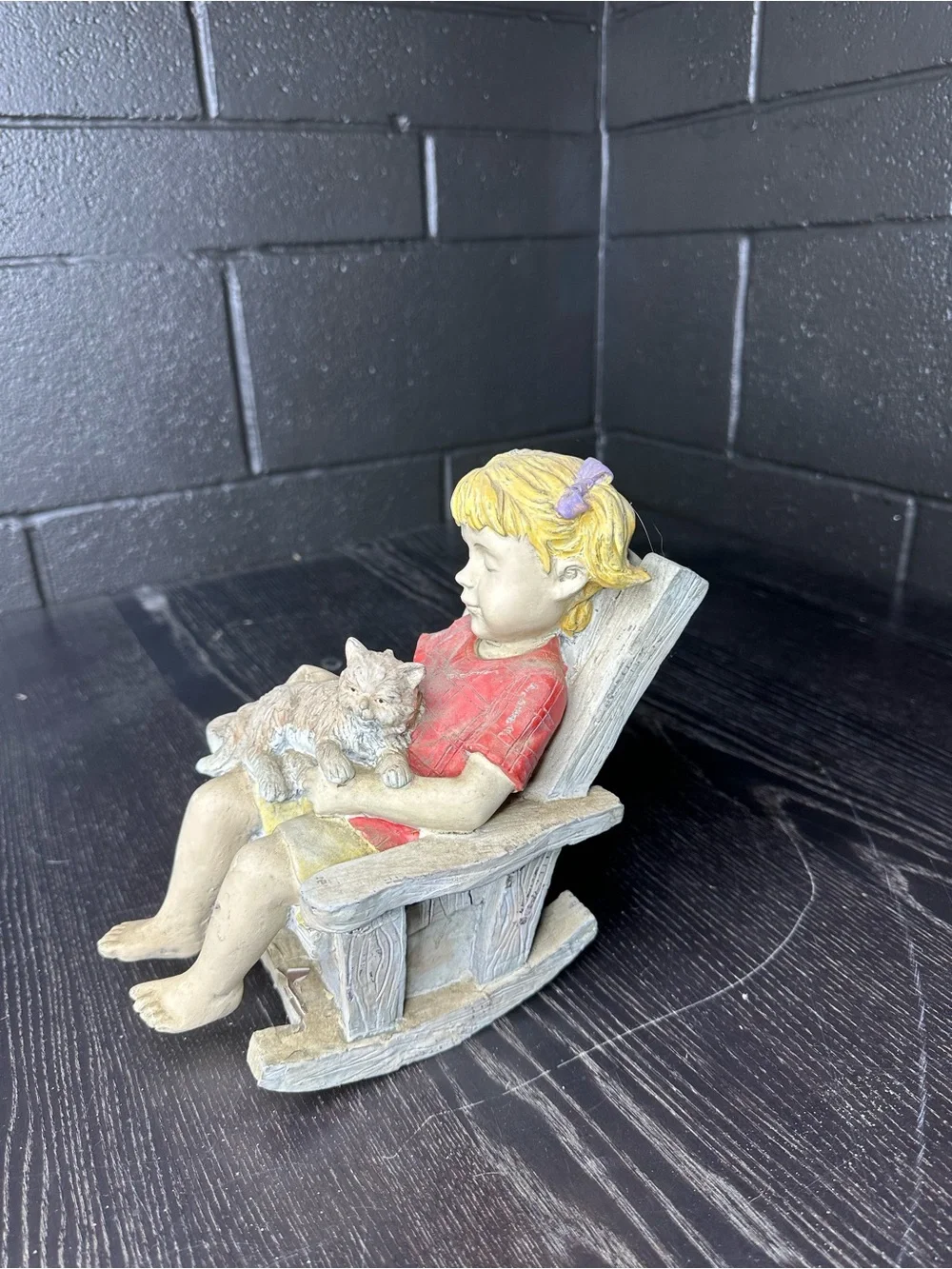 Vintage Resin Yard Art Sculpture- Girl with Cat Figurine - Yellow Skirt, Red Top